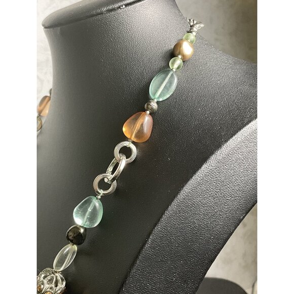 Pastel Colored Beaded Necklace With Multicolor Stones & Silver Chain - Picture 3 of 4